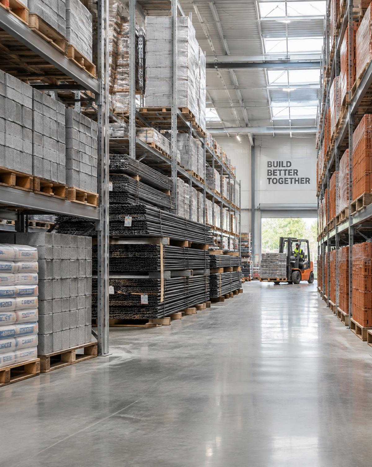 Warehouse aisle stacked with concrete block, rebar, bagged cement and brick
